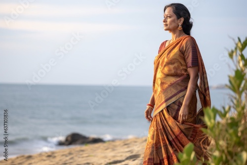 Obraz na płótnie indian woman in saree standing on the beach looking at the sea w salonie