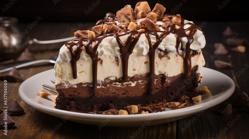 a piece of cake on a plate with chocolate sauce drizzled on top. generative ai a piece of cake on a plate with chocolate sauce drizzled on top. generative ai