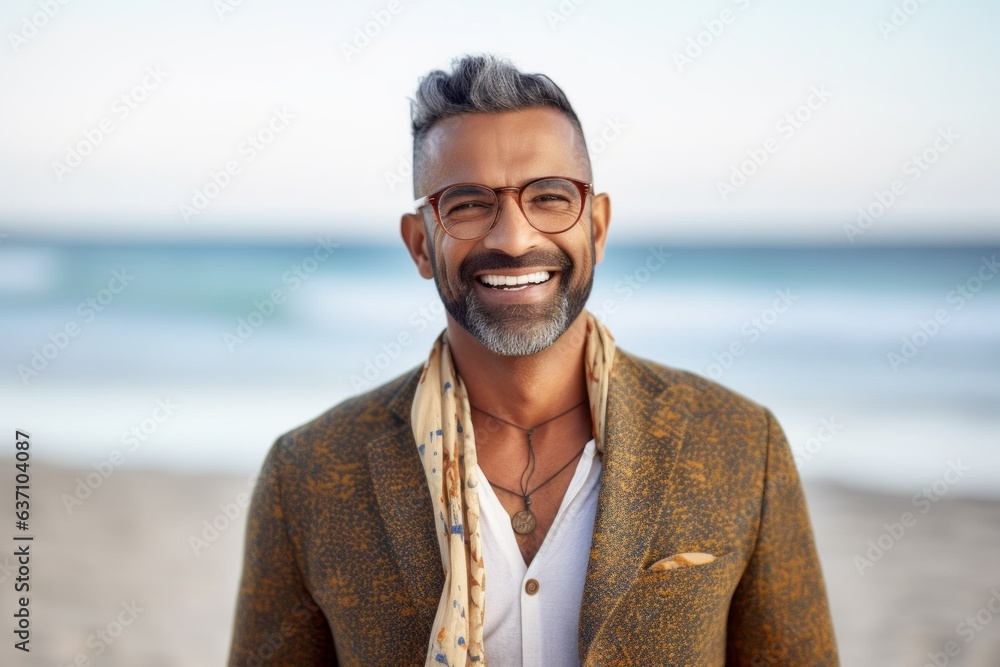 Portrait of a handsome Indian man wearing glasses and jacket at the beach