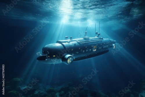 Small submarine under water with sun rays and beautiful seascape