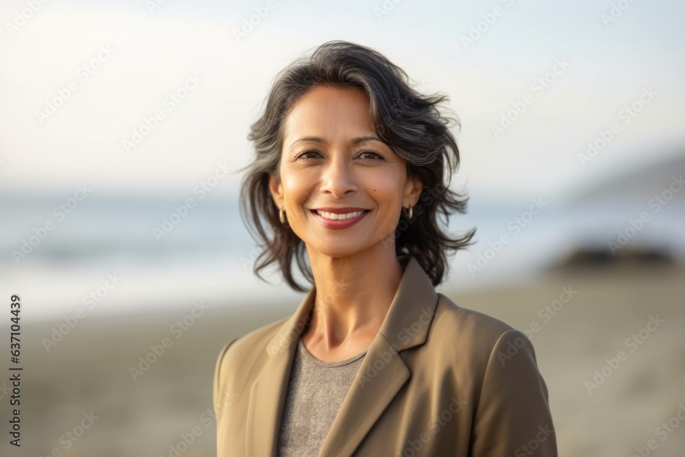 Portrait of a smiling mature businesswoman standing on the beach. Portrait of a smiling mature businesswoman standing on the beach.