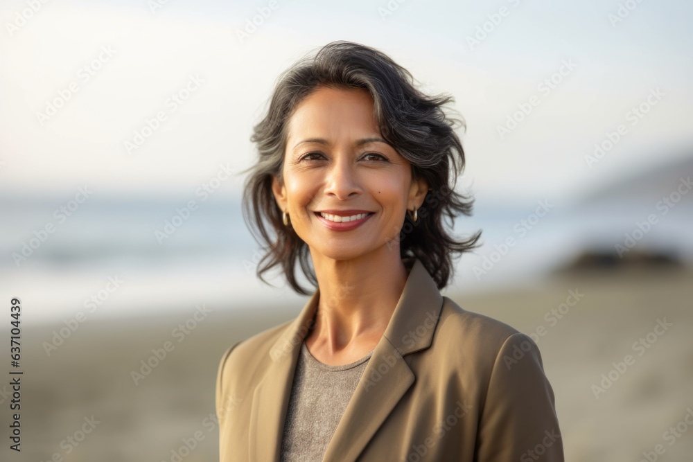 Portrait of a smiling mature businesswoman standing on the beach.