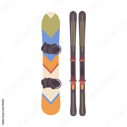 Snowboarding and skiing extreme sport equipment for rest and training during vacation time