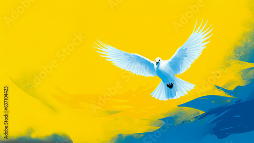 White pigeon as symbol of peace  with spread wings over blue and yellow background  as a Ukrainian flag color  embodies freedom and peace
