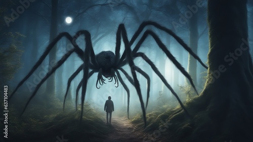 Silhouette of a man with arachnophobia in the night forest with a large spider monster looming overhead