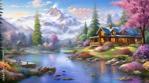  a painting of a cabin by a lake with a mountain in the background.  generative ai