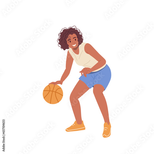 Young happy basketball player female cartoon character playing street game isolated on white