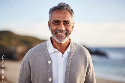 Portrait of smiling mature man standing at beach on a sunny day