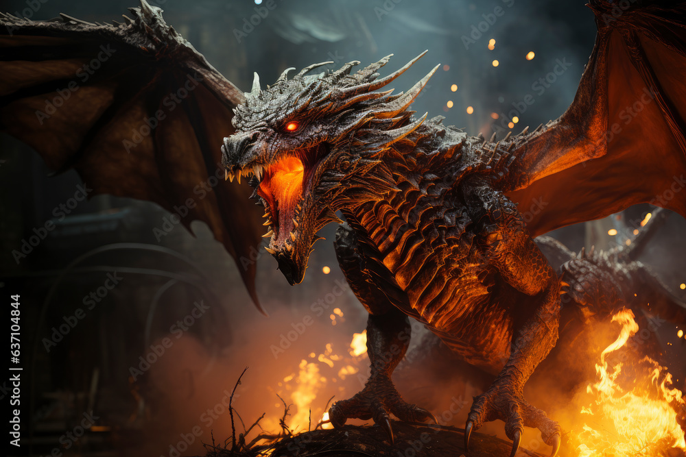 Ferocious fire-breathing dragon with big wings, claws and fangs, a scary mystical creature Ferocious fire-breathing dragon with big wings, claws and fangs, a scary mystical creature