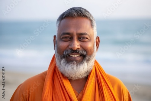 Portrait of happy bearded Indian man with orange scarf on the beach