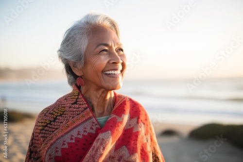 Portrait of smiling senior woman wrapped in blanket on beach at sunrise