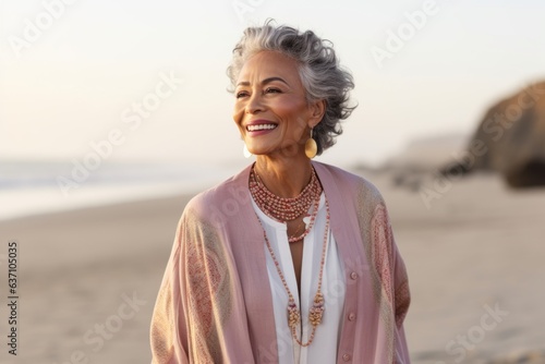 Portrait of happy senior woman smiling at camera on beach in the morning