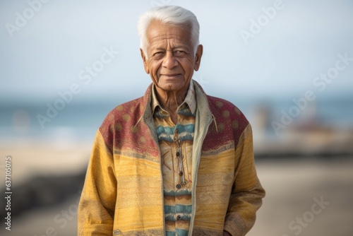 Portrait of senior man standing on beach with ocean in the background