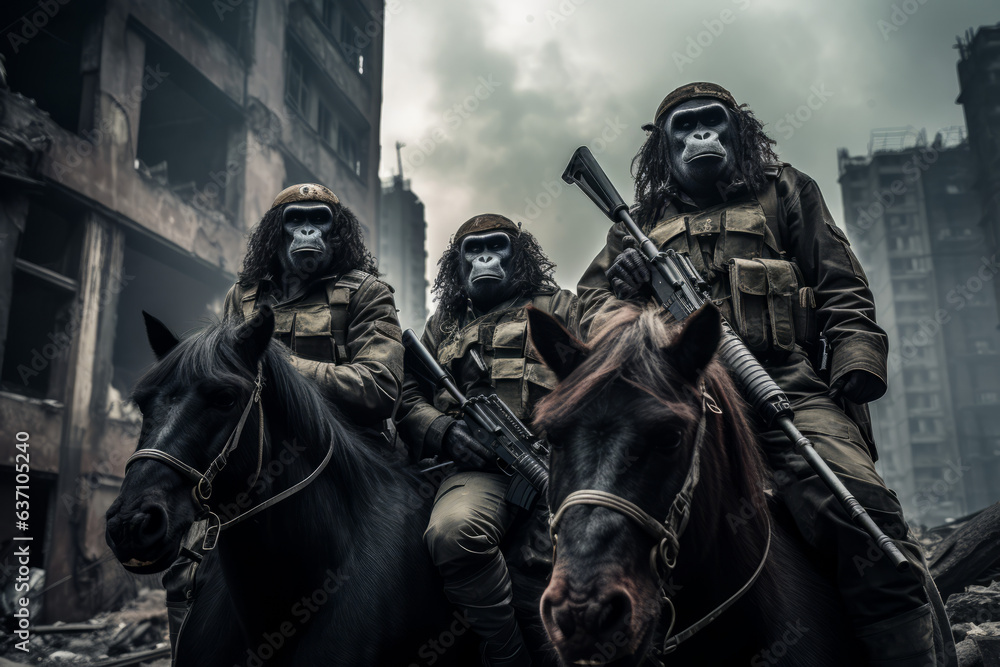 Gorilla soldiers riding on horseback in a post-apocalyptic city Gorilla soldiers riding on horseback in a post-apocalyptic city