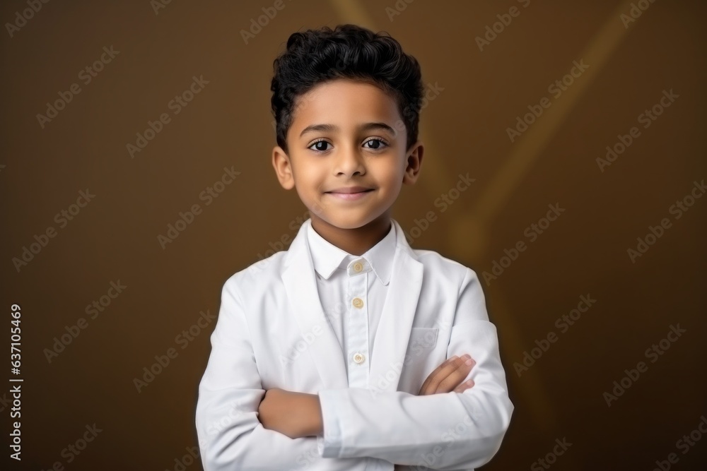Portrait of a little boy with his arms crossed against brown background Portrait of a little boy with his arms crossed against brown background