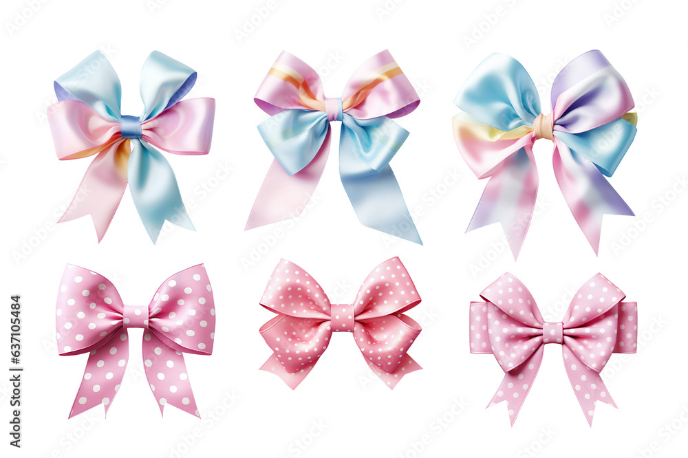 rainbow multicolored and pink white polka dot bows set Isolated cutout on transparent background, collection of bows for decoration without background, png