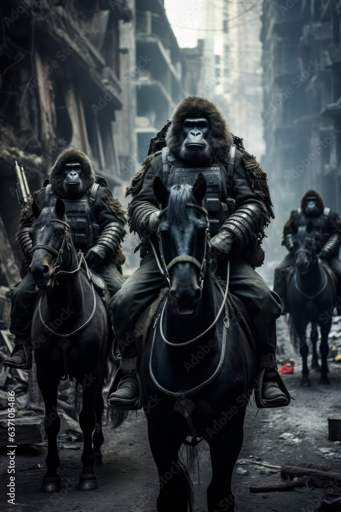 Gorilla soldiers riding on horseback in a post-apocalyptic city Gorilla soldiers riding on horseback in a post-apocalyptic city