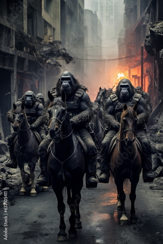 Gorilla soldiers riding on horseback in a post-apocalyptic city