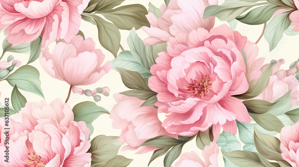 a floral wallpaper with pink flowers and green leaves on a white background. generative ai a floral wallpaper with pink flowers and green leaves on a white background. generative ai