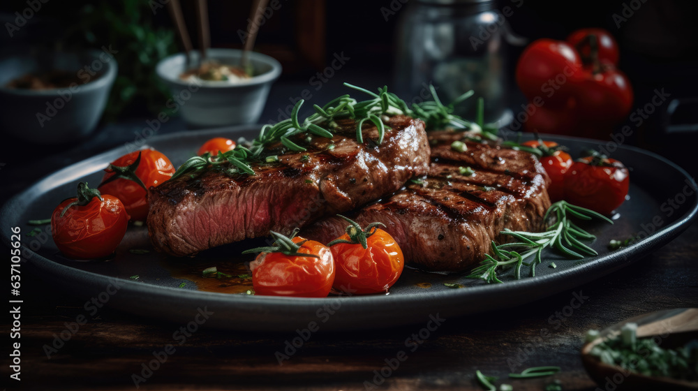 Delicious Grilled Steak with Roasted Tomatoes and Herbs.