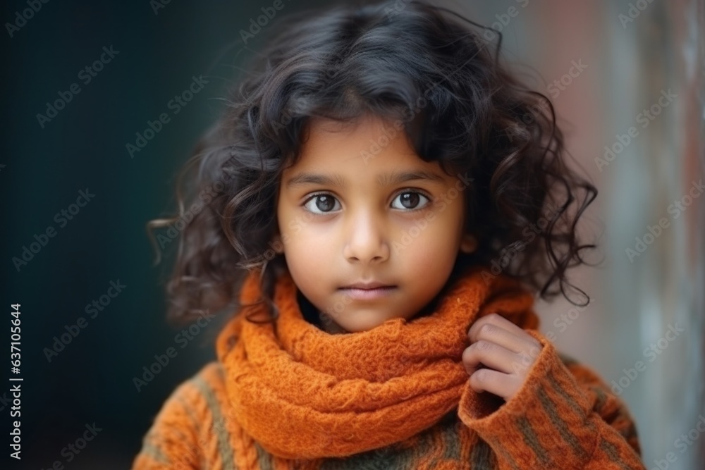 Portrait of a cute little girl with curly hair and orange scarf Portrait of a cute little girl with curly hair and orange scarf