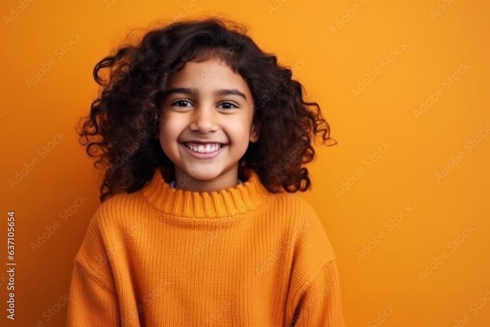 Cheerful little girl with curly hair looking at camera isolated on orange Cheerful little girl with curly hair looking at camera isolated on orange