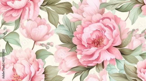  a floral wallpaper with pink flowers and green leaves on a white background. generative ai © Olga