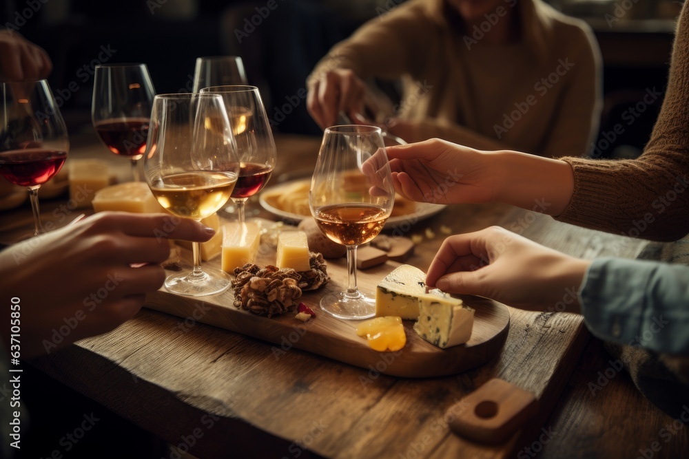 A social gathering with friends enjoying wine and conversation around a rustic wooden table