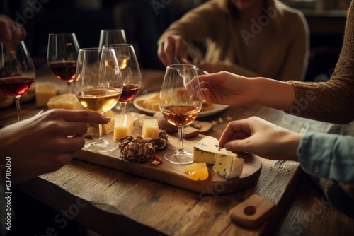 A social gathering with friends enjoying wine and conversation around a rustic wooden table