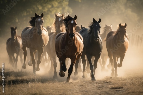 A group of galloping horses in a dusty field