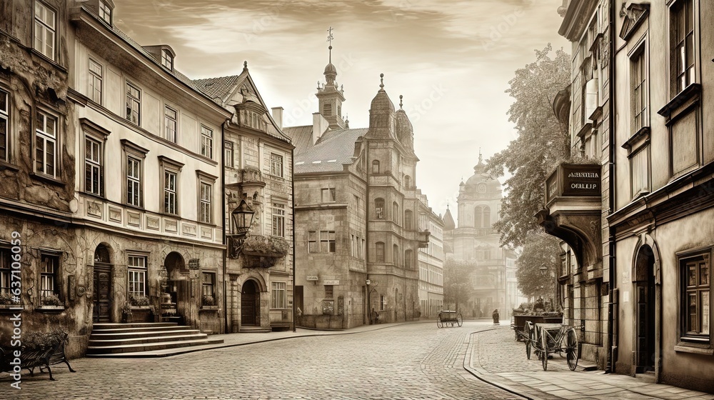  an old photo of a city street with a clock tower in the background.  generative ai