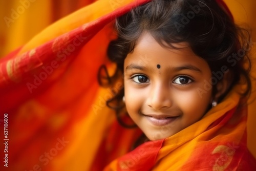 Wallpaper Mural Indian little girl in orange sari looking at camera and smiling. Torontodigital.ca