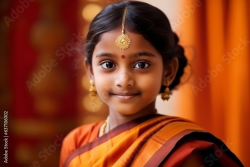 Portrait of a beautiful indian little girl in orange saree
