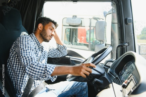 Young Indian truck driver. Concept of road freight transportation.
