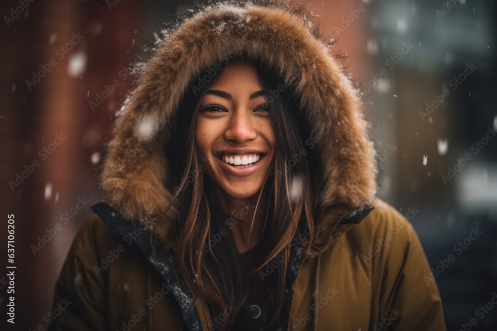 Portrait of a beautiful young woman in winter coat smiling at camera. Portrait of a beautiful young woman in winter coat smiling at camera.