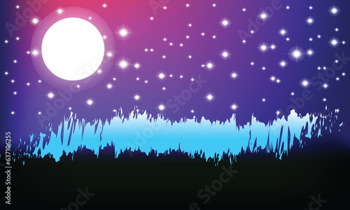 Night Background with Full Moon - Beautiful vector wallpaper, background illustration, and landscape in black and blue color. Sky panorama with stars space.