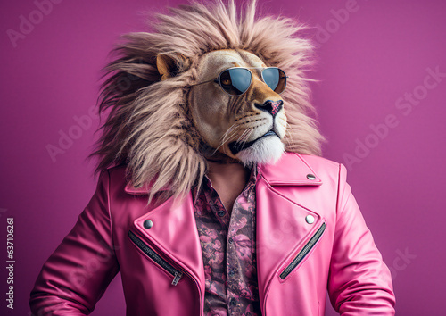 Rock 'n' Roar: A Majestic Lion Dons a Pink Leather Jacket and Sunglasses