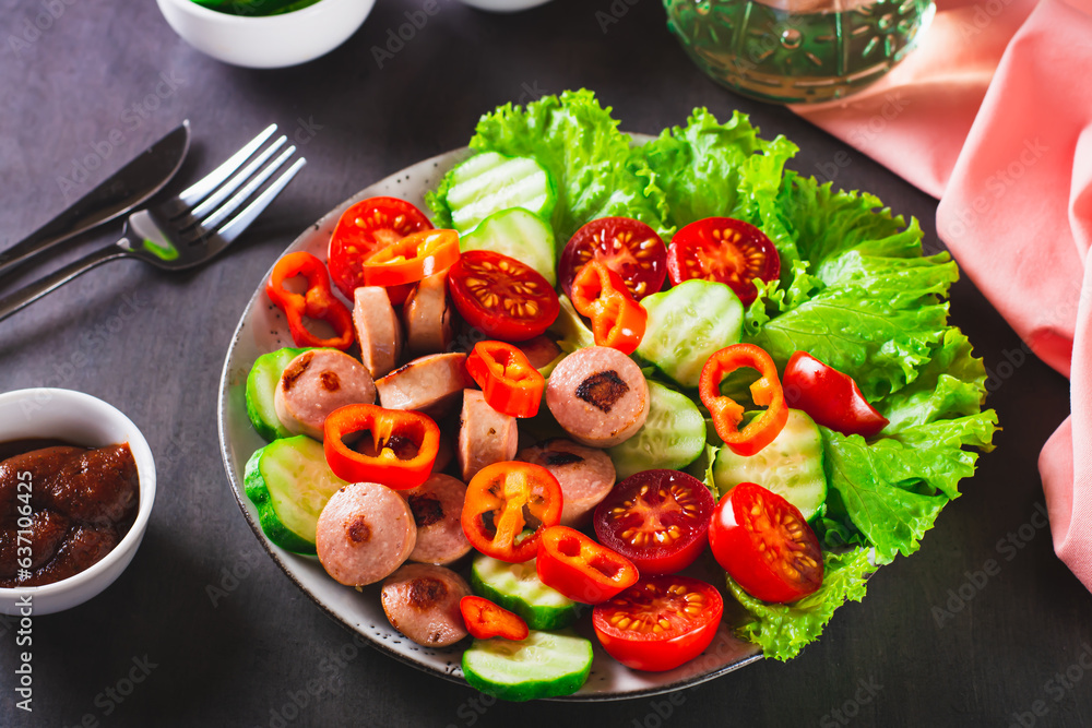 Salad of fried sausages, tomatoes, cucumber and lettuce on a plate