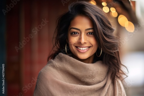 Close up portrait of a beautiful young woman wrapped in a blanket.