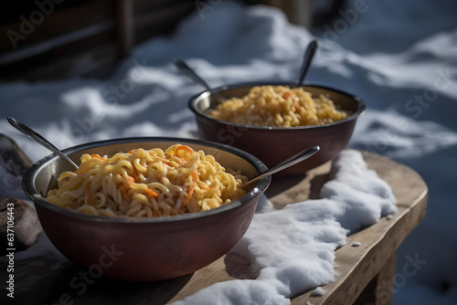 Cheesy Alpine Noodles in cozy ski huts amidst the snowy landscape