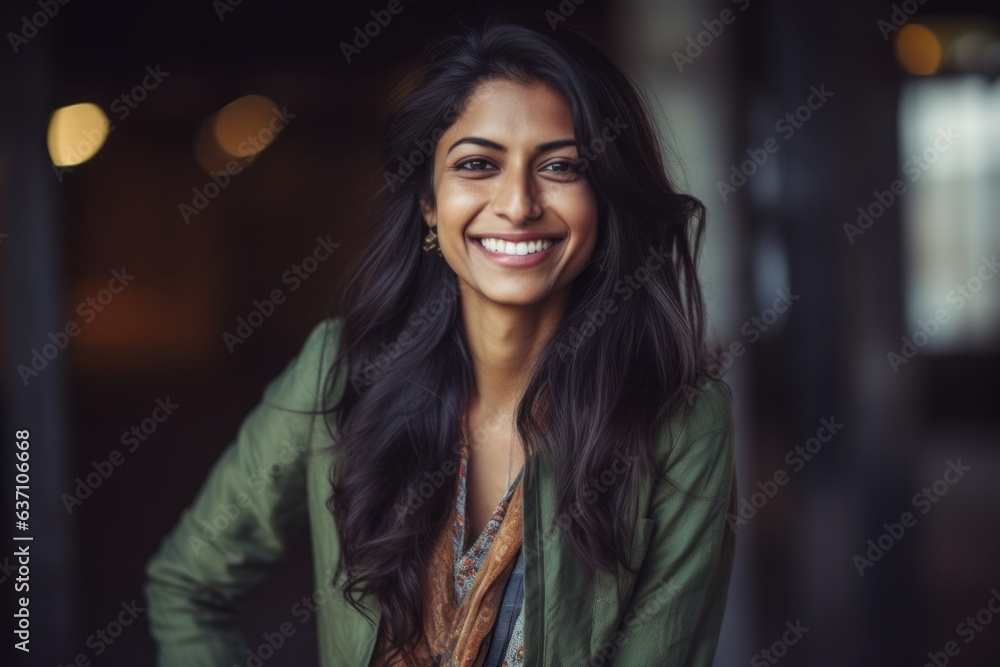 Portrait of smiling young woman standing in corridor at the coffee shop Portrait of smiling young woman standing in corridor at the coffee shop