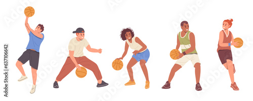 Isolated set of young athlete basketball players characters with ball in different playing position