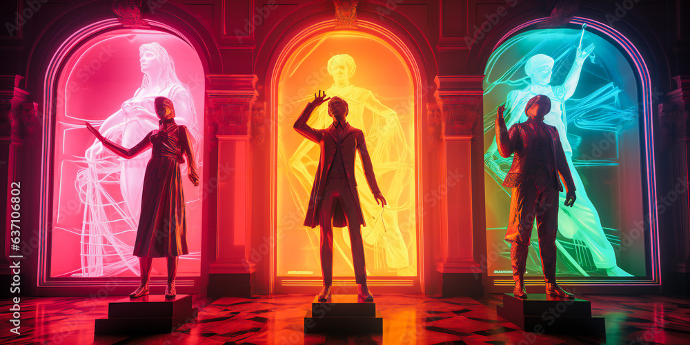 Three Silhouettes in Vibrant Neon Lights: A Concept of Individuality and Unity in Diversity