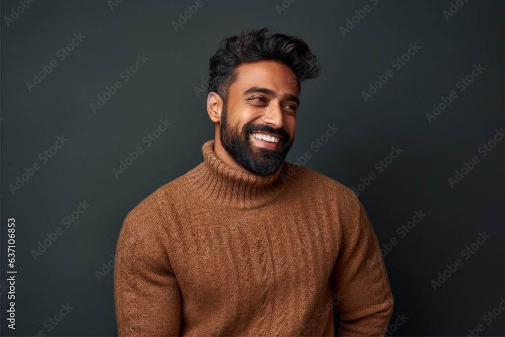 Portrait of a smiling indian man in sweater against dark background