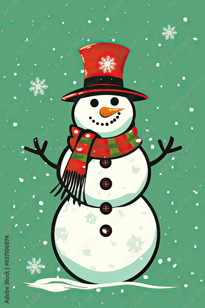 Snowman pop art style on green background with snowflakes