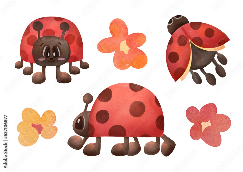 clipart Set of watercolor cute cartoon ladybugs, simple flowers ...