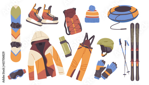 Extreme winter sport equipment, clothing, footgear and accessories isolated set on white background