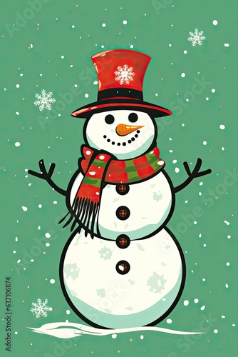 Snowman pop art style on green background with snowflakes © zakiroff