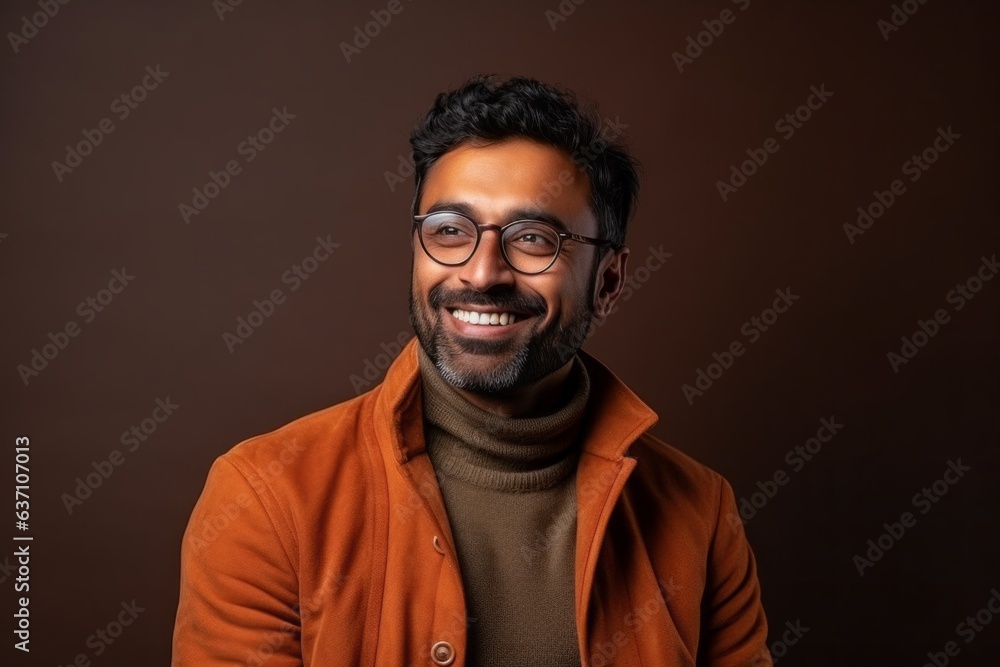 Fototapeta premium Portrait of a smiling Indian young man in orange coat and glasses
