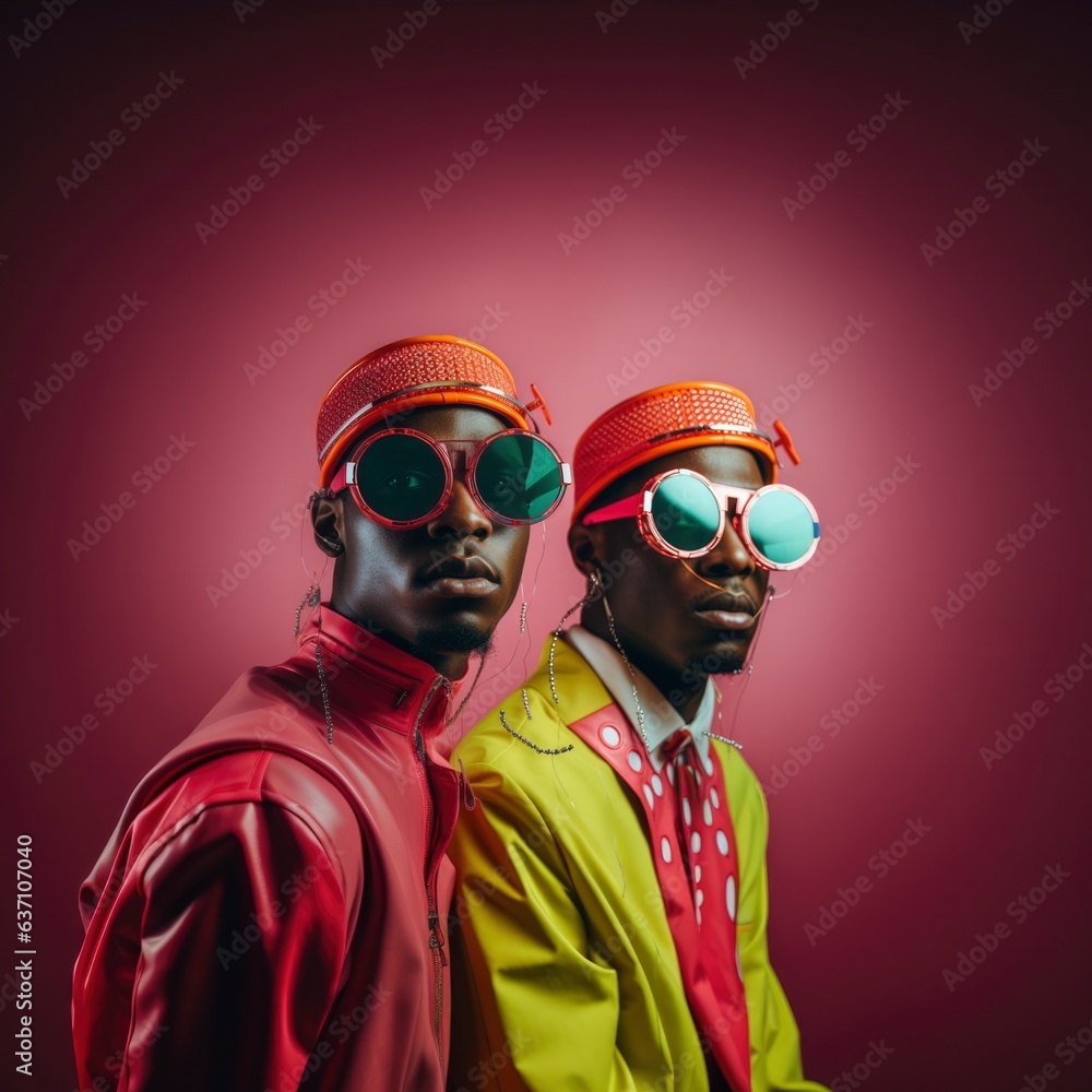 African-american twins wearing futuristic urban clothes. Cyberpunk fashion culture background. AI generated image